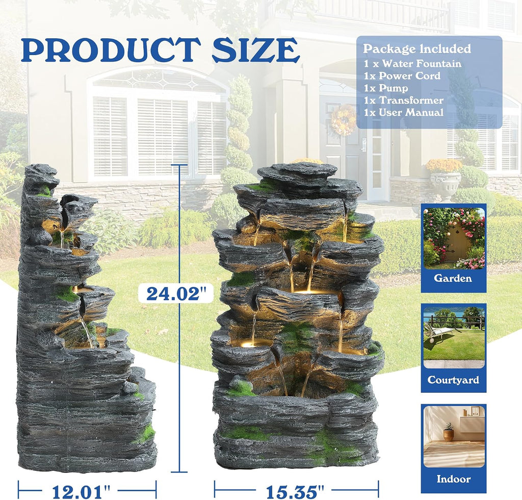 TITIMO 7-Tier Cascading Rock Water Fountain Outdoor Garden Waterfall with Lights,Fountain Indoor Decor for Garden, Patio, Backyard, Deck, Porch and Home Art Decor (24' H)