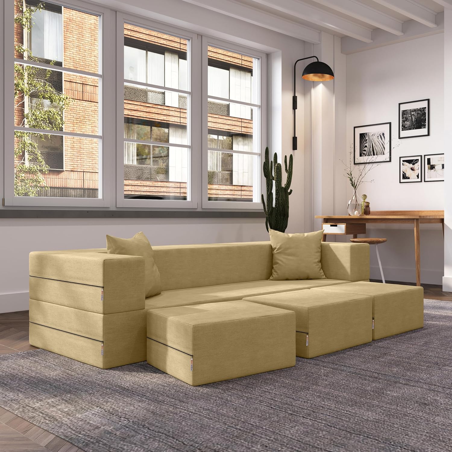 Jaxx Zipline Convertible Sleeper Sofa & Three Ottomans/California King-Size Bed, Textured Microvelvet - Camel