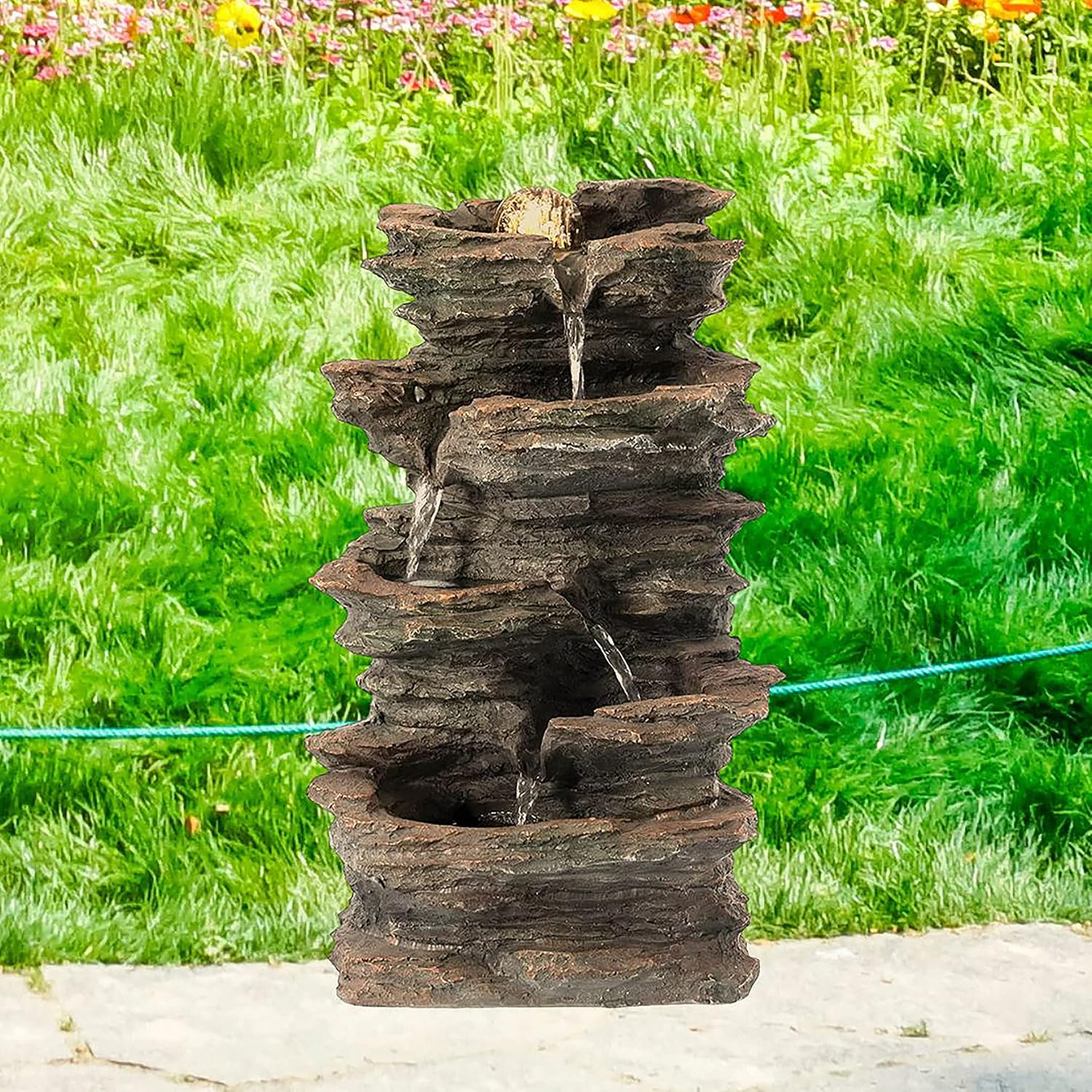 Gardenised Decorative 4 Tier Rock Look Water Fountain with LED Rolling Glow Ball for Home and Garden, Gray