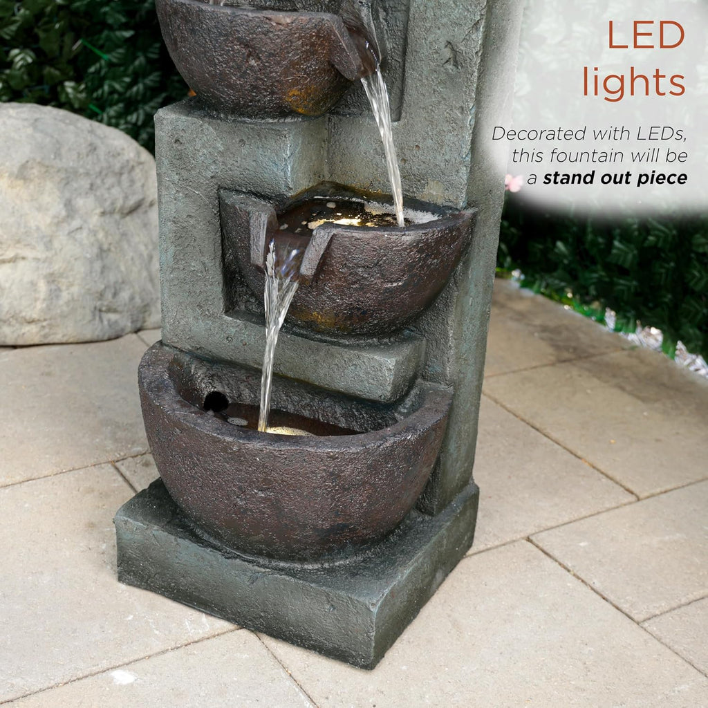 Alpine Corporation 39' Tall 5-Tier Bowls Waterfall Fountain with LED Lights, Elegant Outdoor Water Feature for Garden, Patio, Yard, Gray