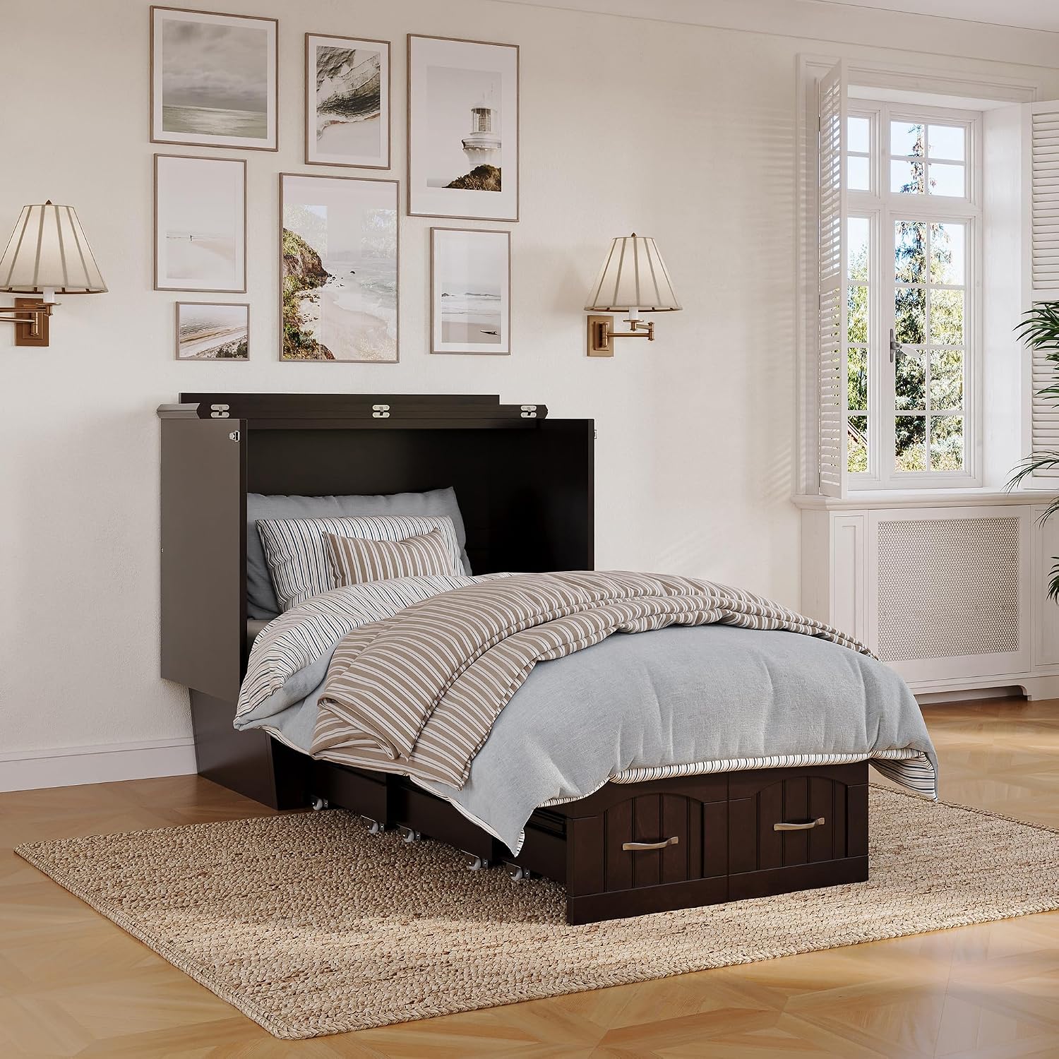 AFI, Nantucket Twin Murphy Bed Chest with Mattress, Storage Drawer and Built-In USB Charger, Espresso