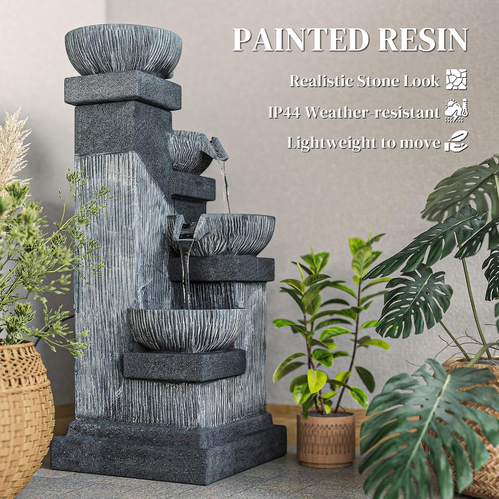 Outsunny 33.5' Tall Outdoor Water Fountain, 4-Tier Floor Standing Resin Cascading Bowls Waterfall Fountain with LED Lights, Pump for Garden, Patio, Backyard