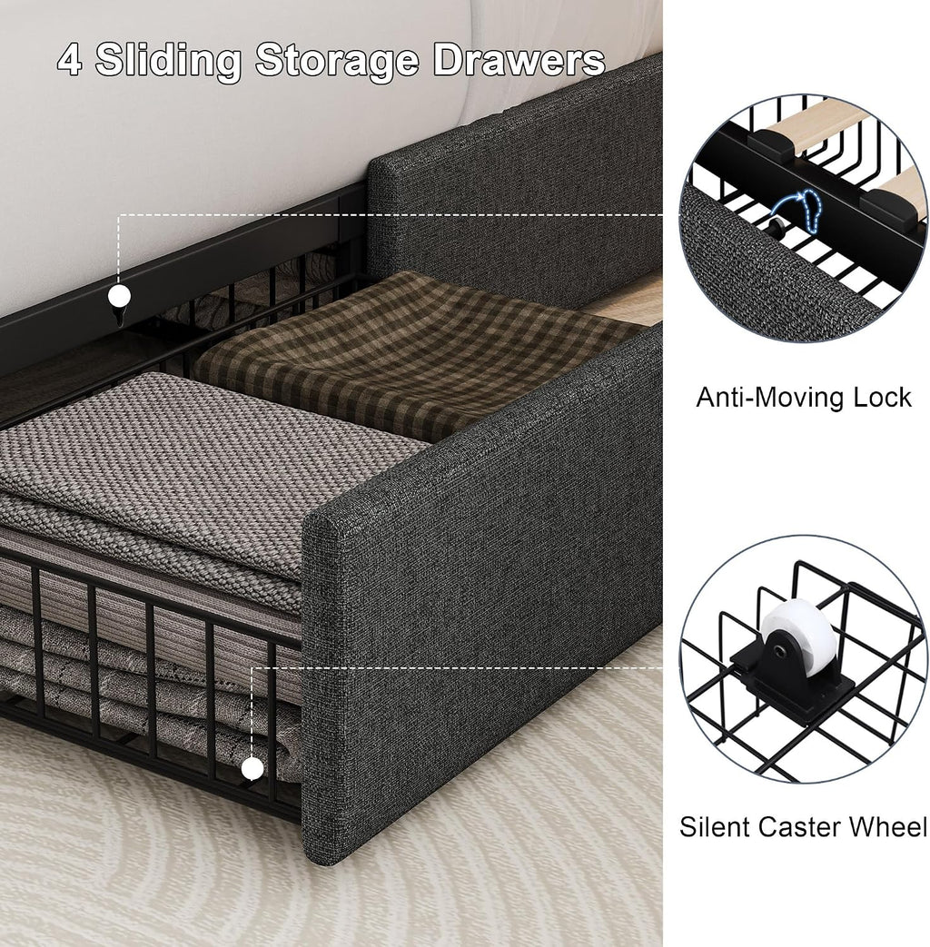 Queen Size Bed Frame with 4 Storage Drawers, Linen Upholstered Platform Bedframe w/Headboard, Button Tufted Wingback, Charging Station, Sturdy Wooden Slats, No Box Spring Needed, Dark Grey