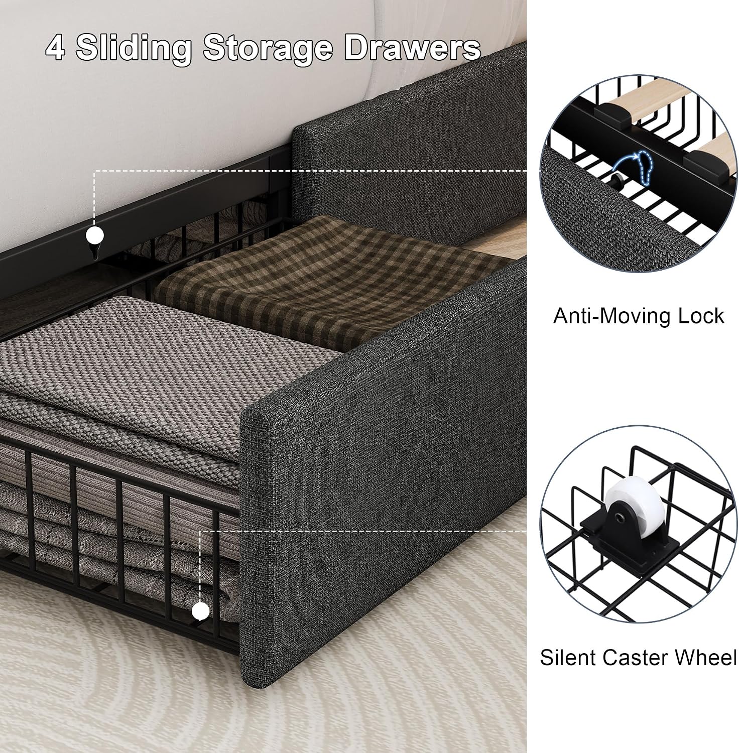 Queen Size Bed Frame with 4 Storage Drawers, Linen Upholstered Platform Bedframe w/Headboard, Button Tufted Wingback, Charging Station, Sturdy Wooden Slats, No Box Spring Needed, Dark Grey