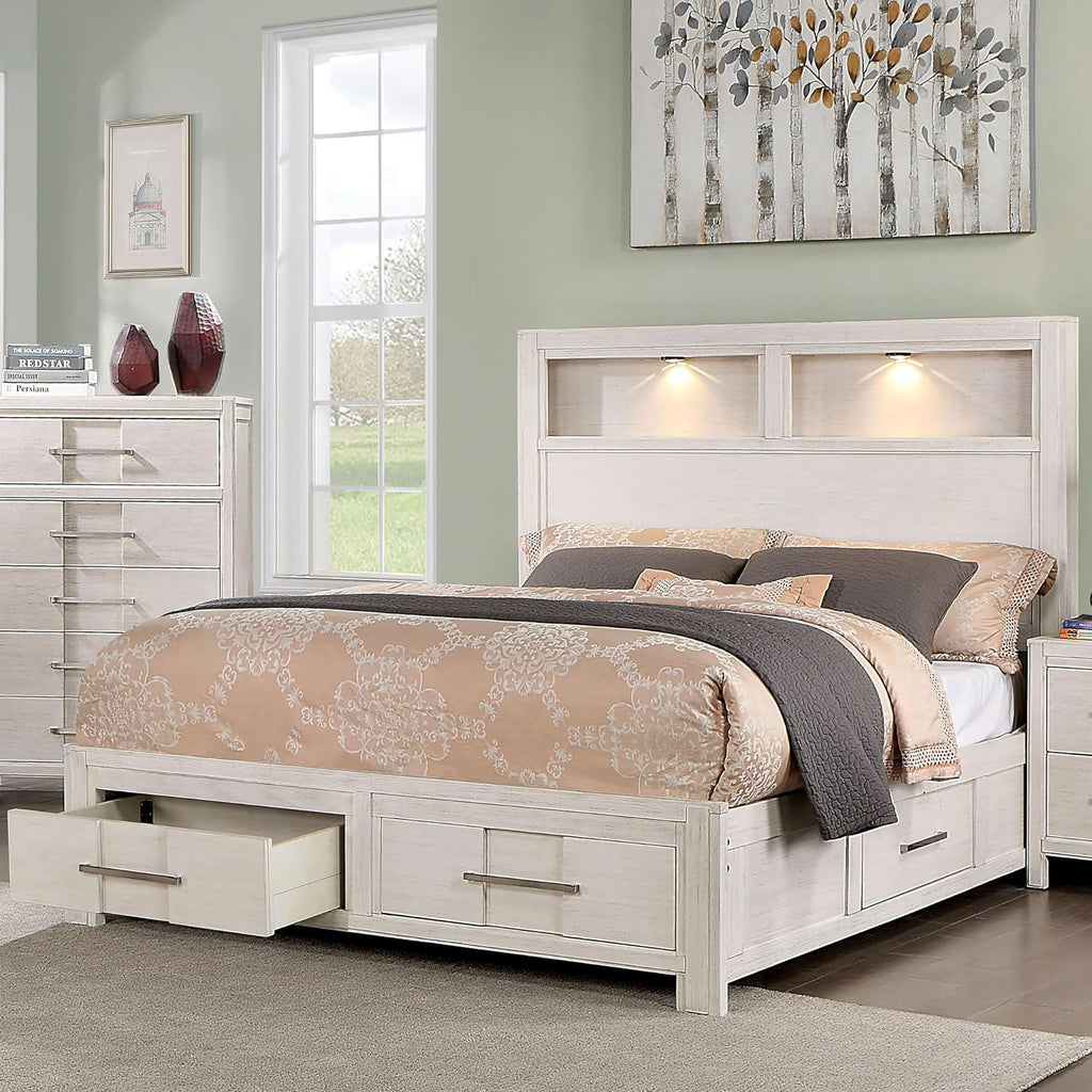Furniture of America Echo Solid Wood 5-Piece Bedroom Set, Queen Size Platform Bed with Drawers and LED Lighting, Felt-Lined Top Storage, No Box Spring Required, White