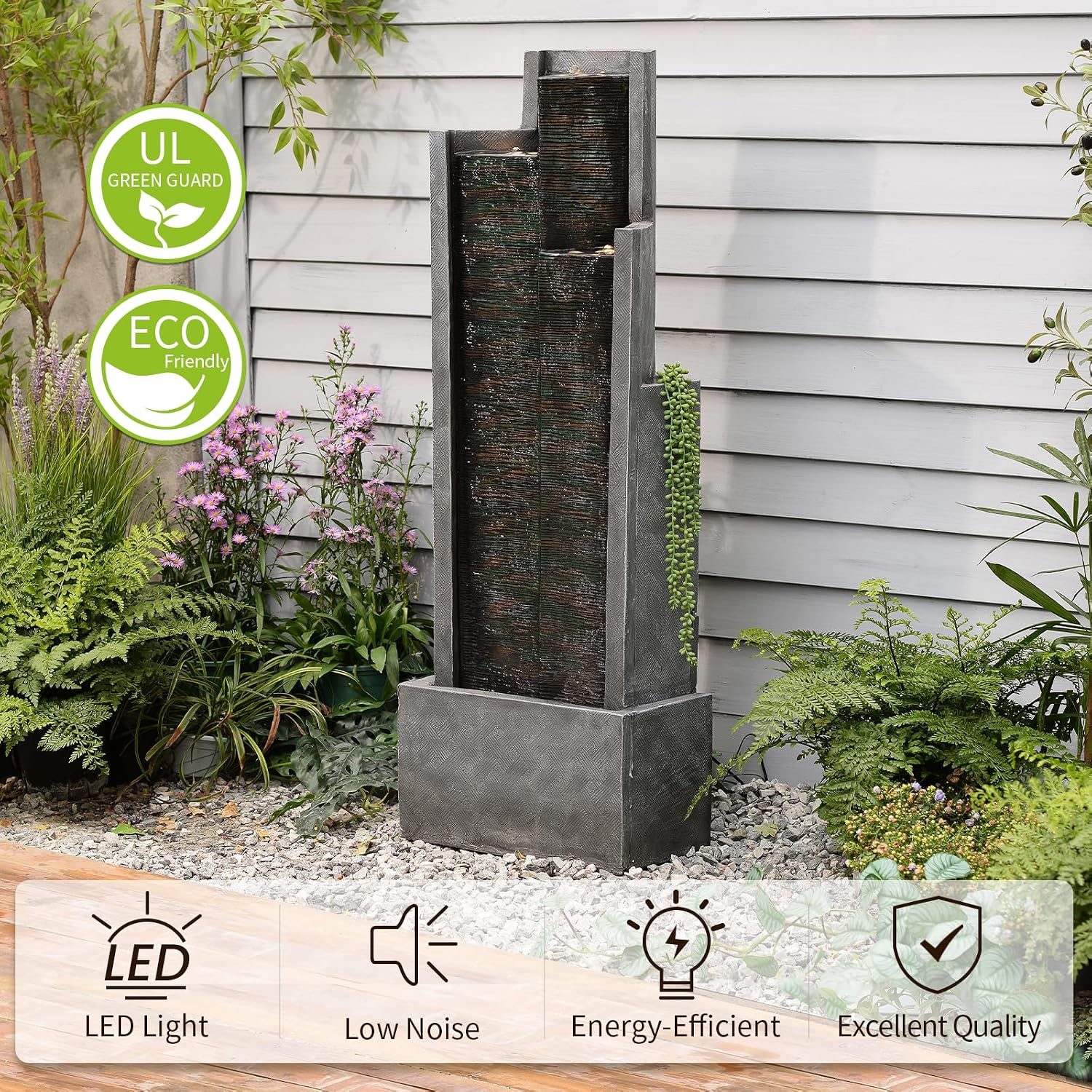 49.6' H Modern Water Outdoor Fountain,Garden Cascading Indoor Resin Water Fountains Tall Floor - Standing Fountain with LED Light for Patio, Yard, Deck and Home Decor