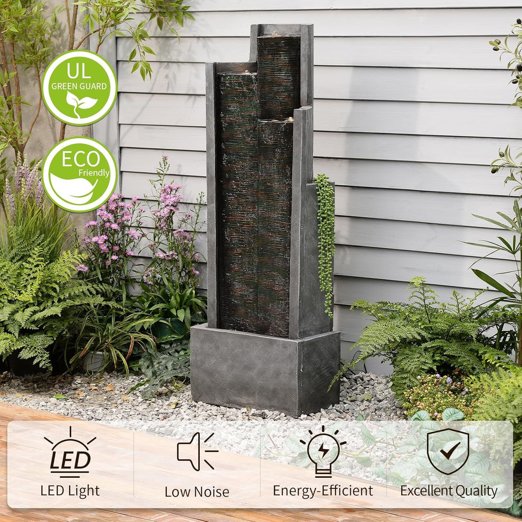 49.6' H Garden Fountains Outdoor Modern Cascading Indoor Water Fountain Tall Floor - Standing Fountain with Lights for Garden, Patio, Yard, Deck and Home Art Decor