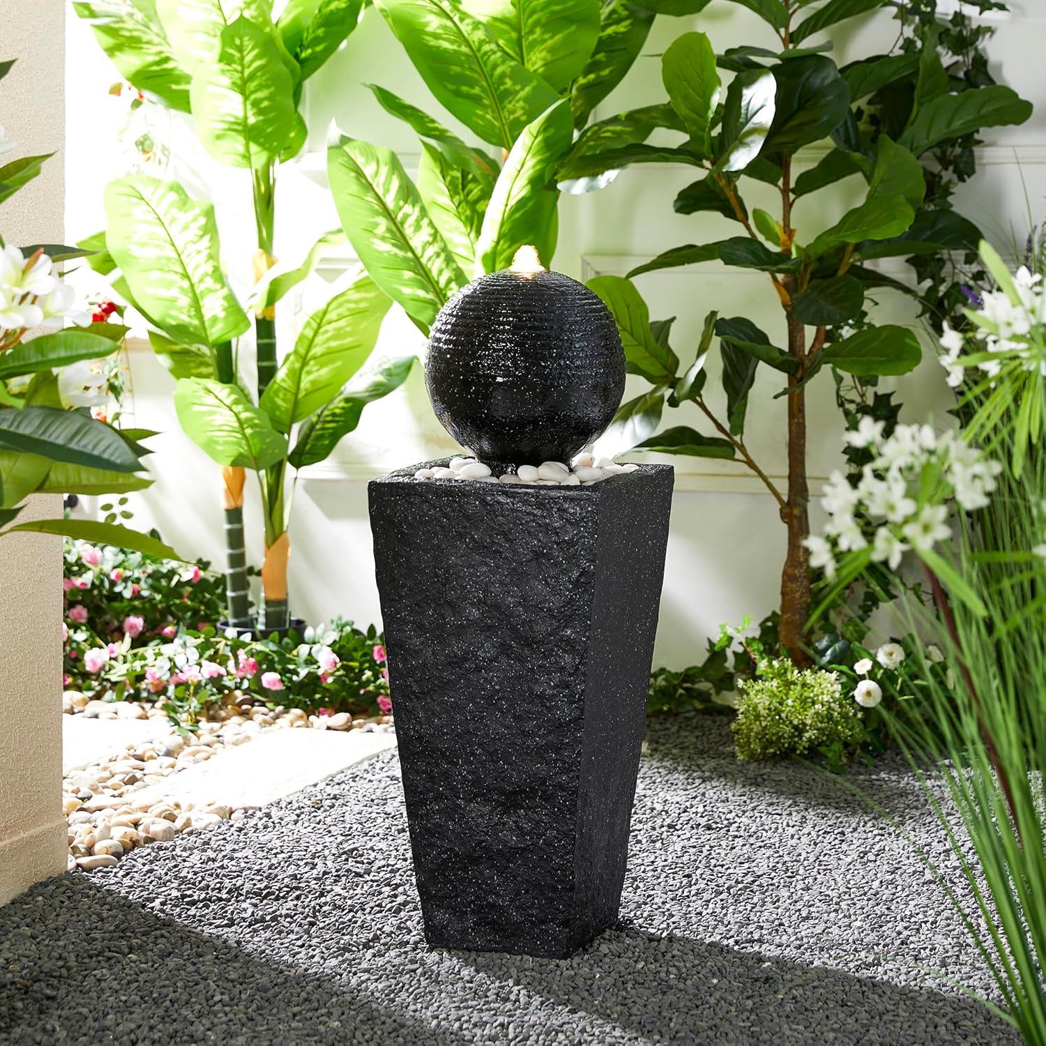Glitzhome Outdoor Water Fountain with LED Light & Pump, Black Pedestal Sphere Fountain Decorative Water Fountains, Modern Waterfall Floor Fountain with Pebbles for Garden Patio Decor Porch, 31.75'H