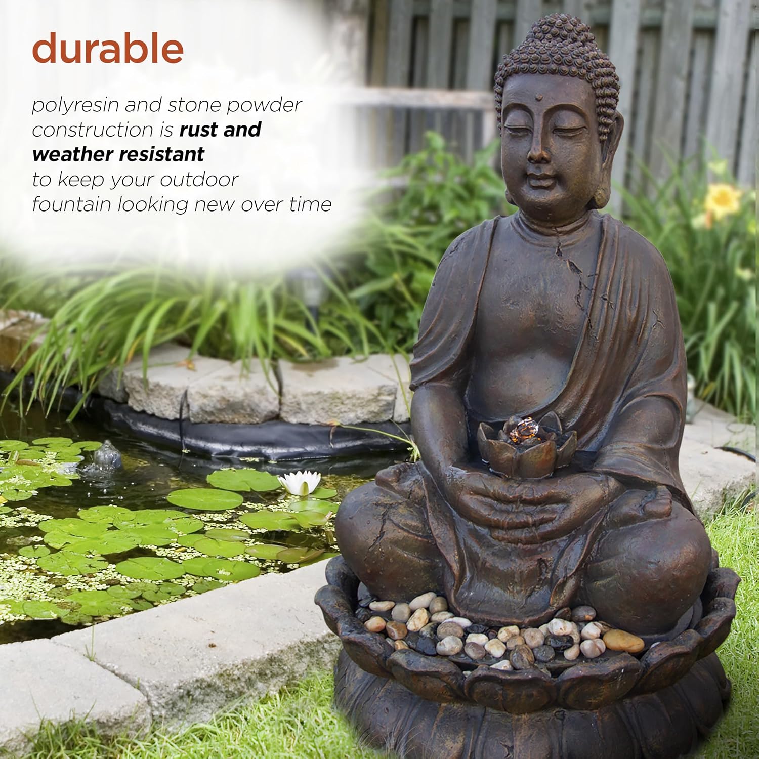 Alpine Corporation GEM122 Outdoor Floor Meditating Soothing Buddha Statue Waterfall Fountain for Garden, 33', Bronze