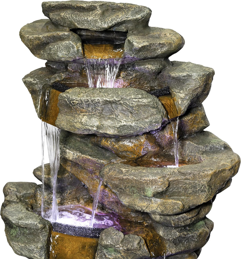 Alpine Corporation 51' Tall 6-Tier Outdoor Rainforest Waterfall Floor Fountain, Weather-Resistant Design with Color-Changing LED Lights & Remote Control, Gray