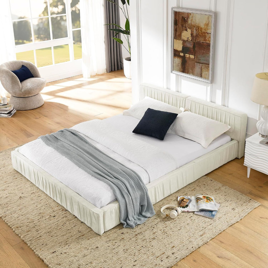 Ball & Cast Queen Size Low Bed Frame,Chenille Upholstered Platform Bed with Pleated Design Headboard,Grounded Floor Bed with Wood Slat Support,No Box Spring Needed,Beige