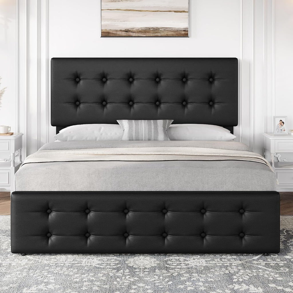 IDEALHOUSE Queen Size Bed Frame with 4 Storage Drawers and Headboard, Faux Leather Upholstered Platform Bed Frame with Wooden Slats Support, Button Tufted Design, No Box Spring Needed, Black