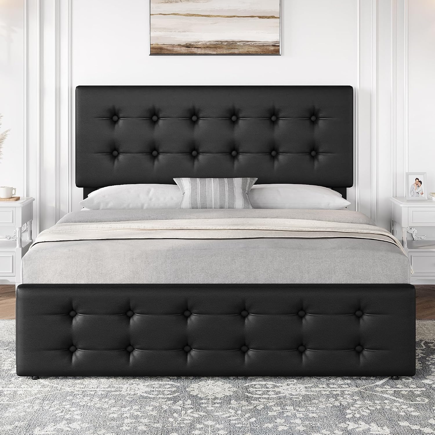 IDEALHOUSE Queen Size Bed Frame with 4 Storage Drawers and Headboard, Faux Leather Upholstered Platform Bed Frame with Wooden Slats Support, Button Tufted Design, No Box Spring Needed, Black