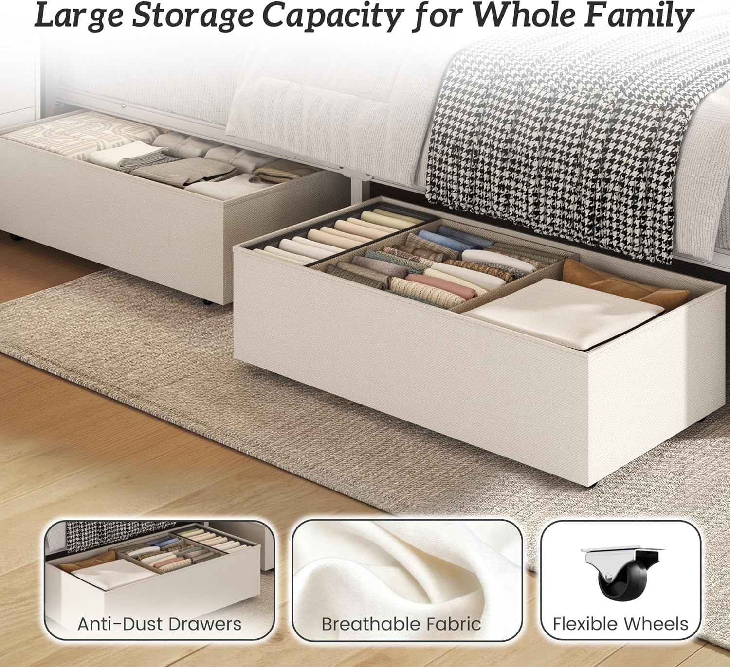 Fluest Queen Bed Frame with Headboard, Storage Drawers, Fast Charging Station, Led Lights, Bed Frame Queen Size with Fabric Drawers, Metal Structure, No Box Spring Needed, Easy Assembly, Beige