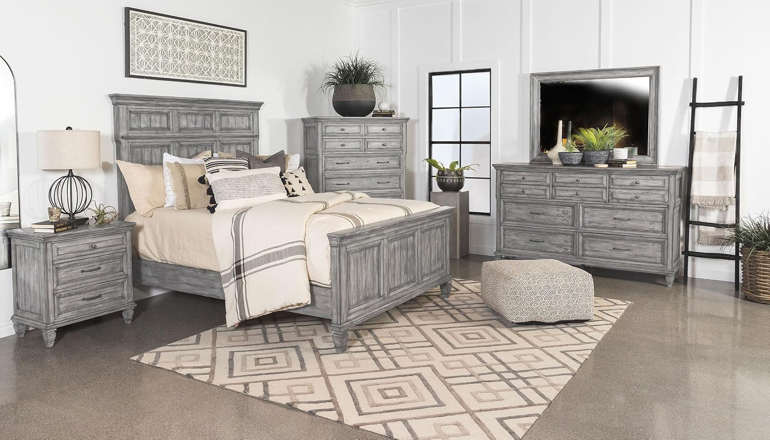 Coaster Home Furnishings Avenue Farmhouse 5-Piece Bedroom Set Queen Size Panel Bed Frame 68-inch Headboard Weathered Grey 224031Q-S5