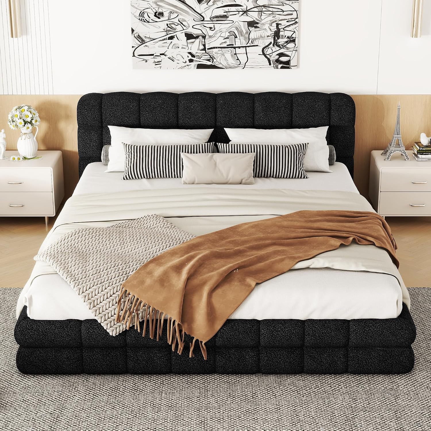 JIVOIT Queen Size Upholstered Platform Bed, Berber Fleece Upholstered Bed with Headboard, Wood Low Platform Bed Frame with Wood Slats Support, No Box Spring Required (Black & 12)