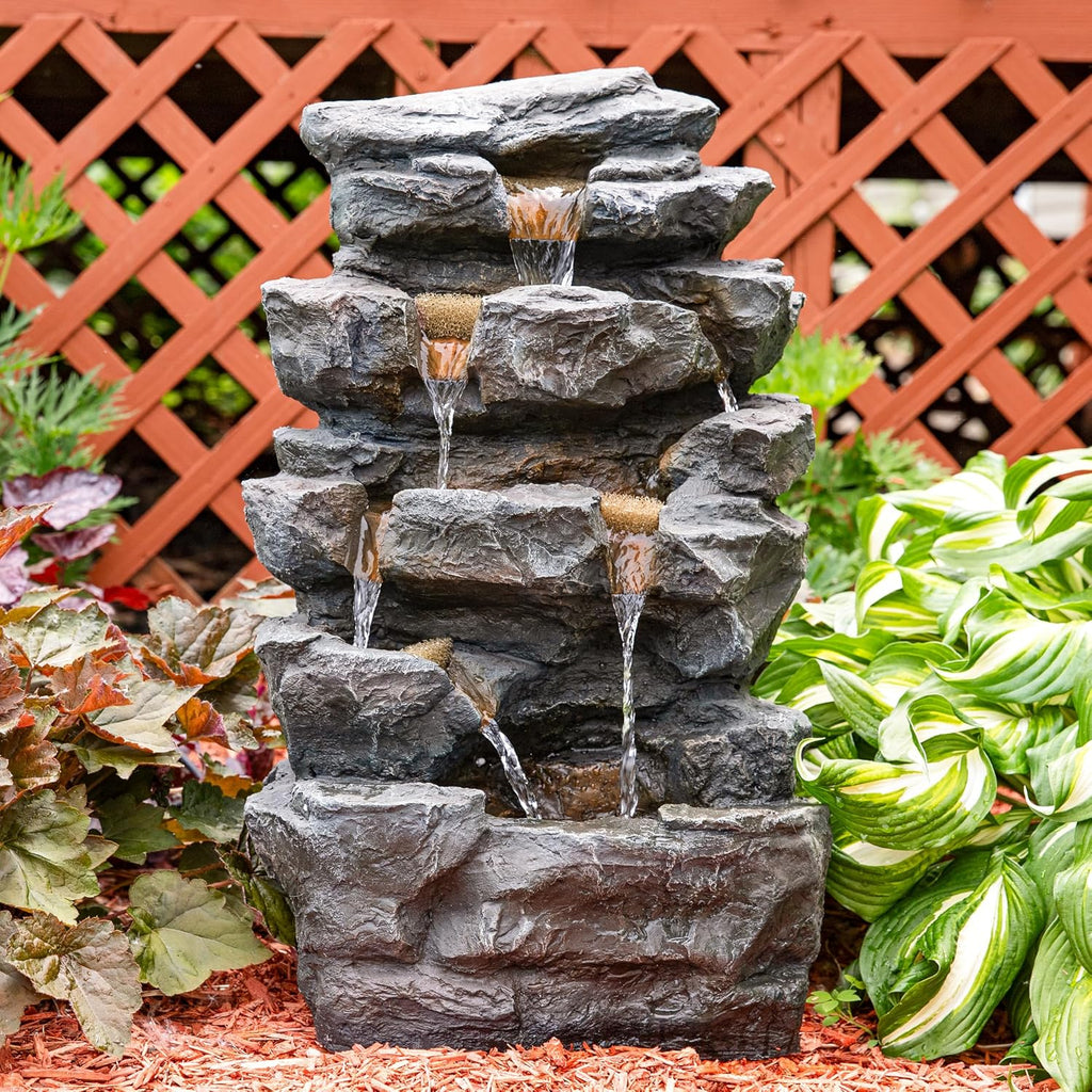 Sunnydaze 24-Inch Grotto Falls Polyresin Outdoor Water Fountain with LED Lights