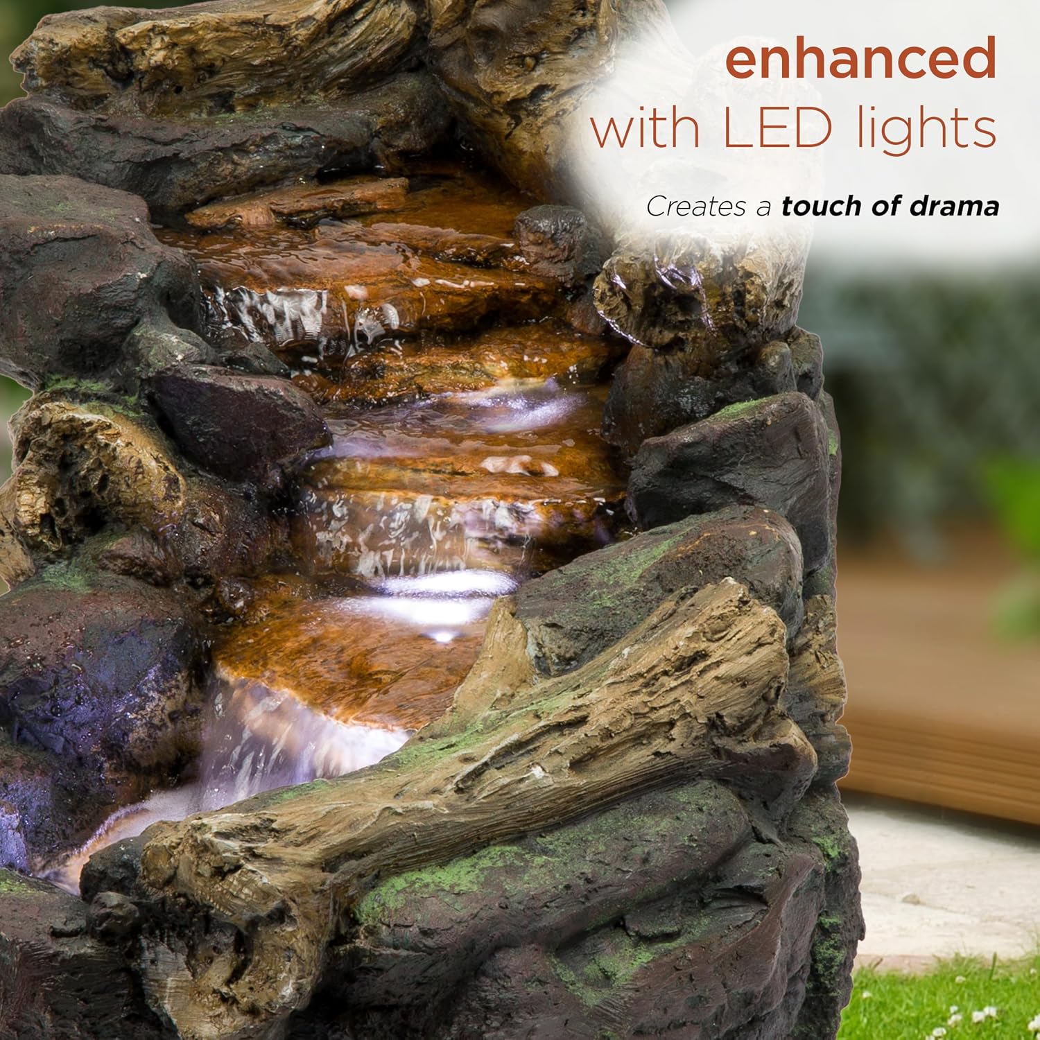 Alpine Corporation TZL296 41' Long Indoor/Outdoor River Rock and Log Fountain with LED Lights – Outdoor Water Feature for Garden, Patio, and Home Décor, Brown