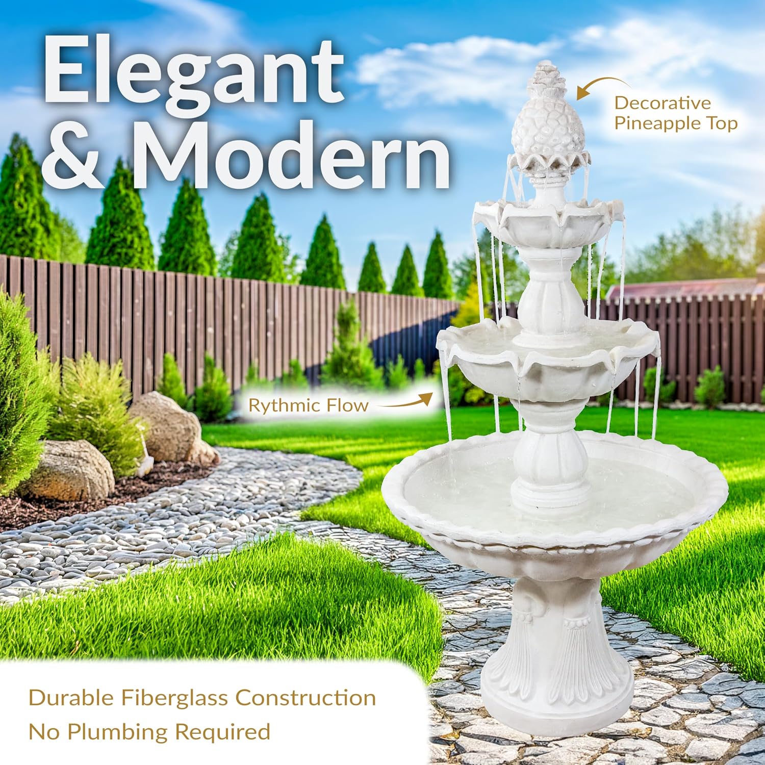 Sunnydaze 57' H Welcome 3-Tier Water Fountain - Large Electric Water Fountain with Pineapple Topper for Garden, Patio or Yard - White
