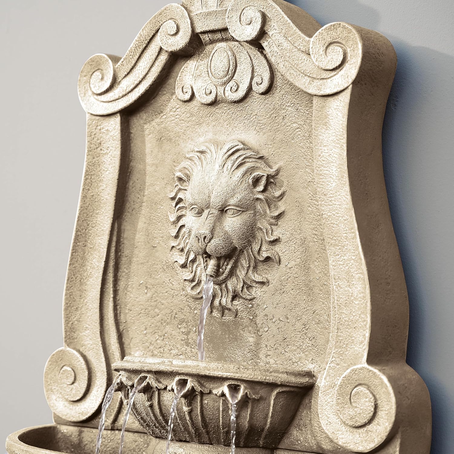 Xbrand 52.4' Sandstone Lion Head Floor Fountain, Two-Tier Outdoor Water Feature, Durable Resin Construction