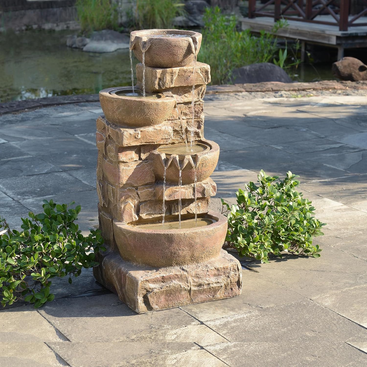 Teamson Home 33.27' Cascading Bowls & Stacked Stones LED Water Fountain for Outdoor Living Spaces, Brown