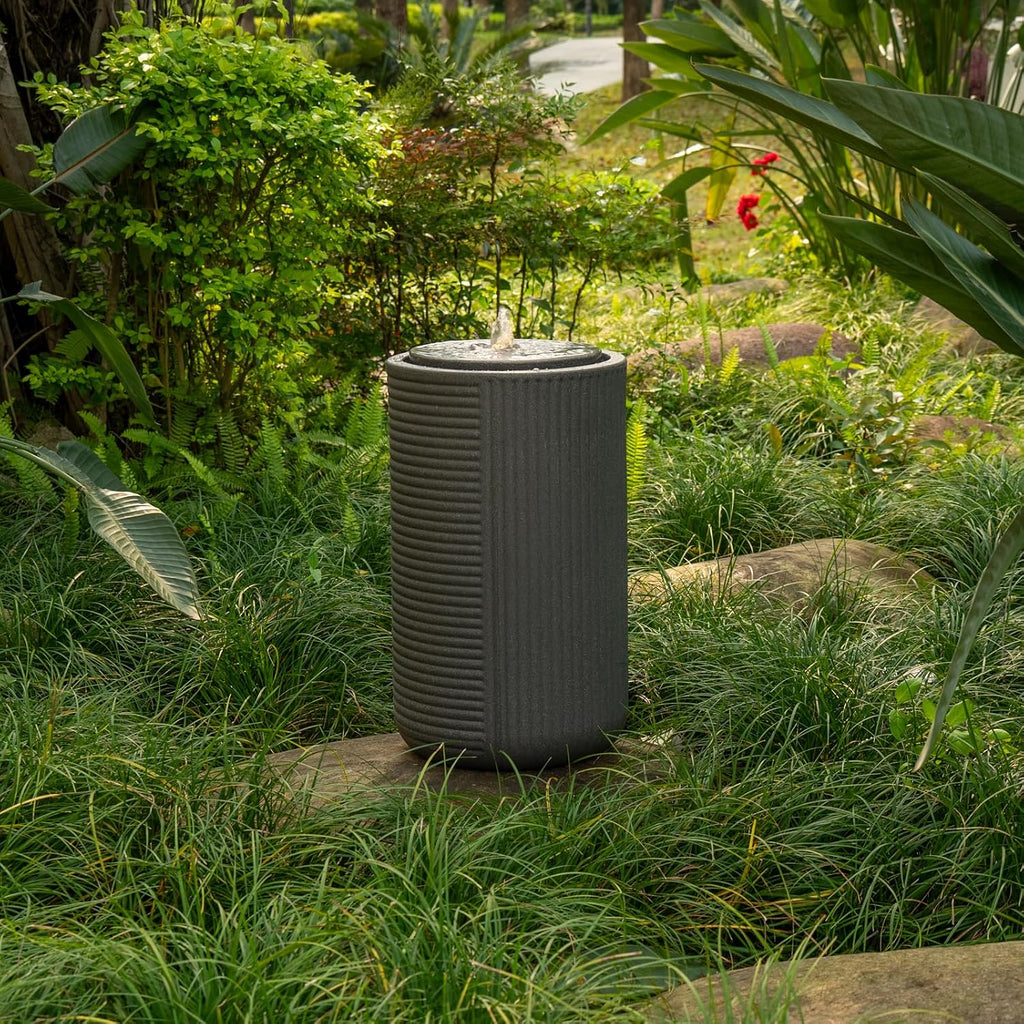 23.22' H Outdoor Water Fountain Made with Eco-Friendly Recyclable Materials, Polyethylene Round Bubbler Water Fountain Outdoor, Garden Decor with LED Light for Patio, Porch, Backyard