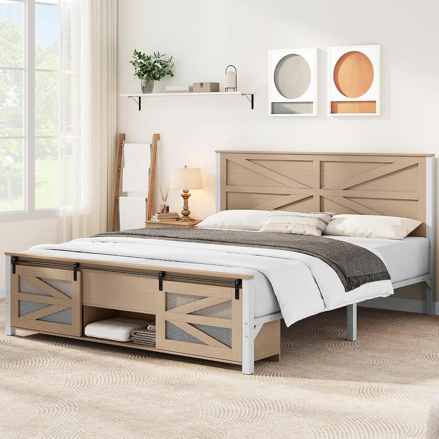 YITAHOME Queen Size Farmhouse Bed Frame with Sliding Barn Door Storage Cabinets, Platform Bed Frame with 47.2' Headboard, Solid Metal Slats Support, Noiseless, No Box Spring Needed, Oak