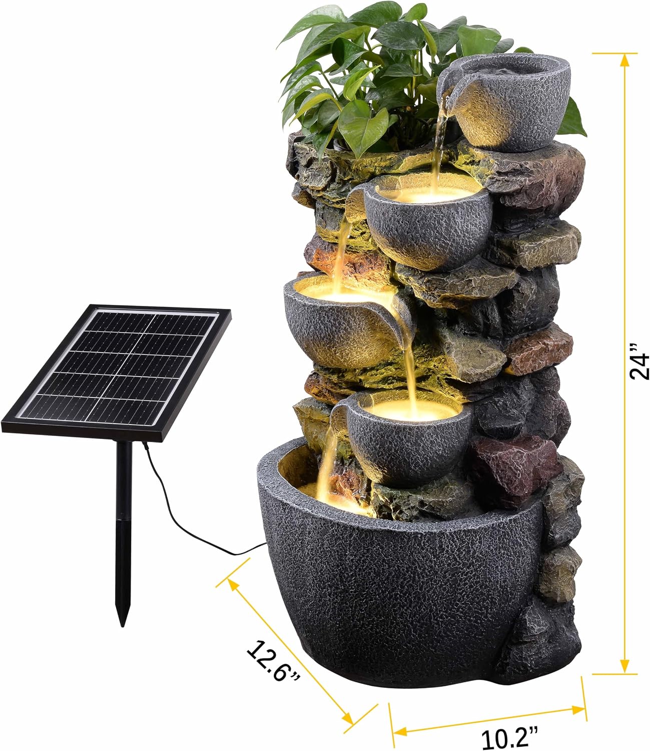 Solar Powered Water Fountain Outdoor, DIY Planter Pot Waterfall Fountain with LED Lights, Relaxing Water Feature Landscape Decor for Garden, Patio, Backyard, Home Decoration