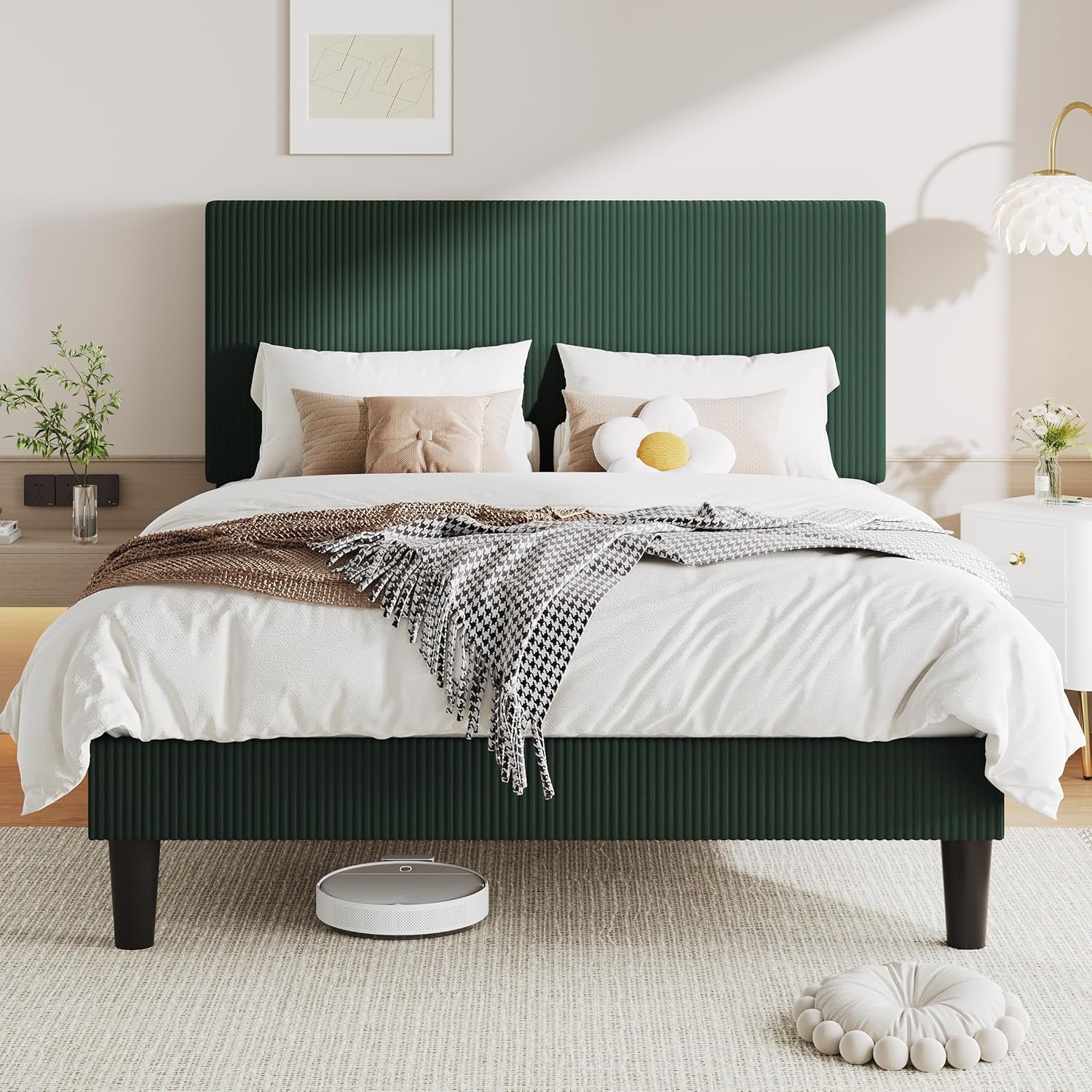 Allewie Queen Size Upholstered Bed Frame with Vertical Channel Tufted Headboard, Soft Corduroy Fabric Platform Bed, Strong Wooden Slats Support, Easy Assembly, No Box Spring Needed, Dark Green