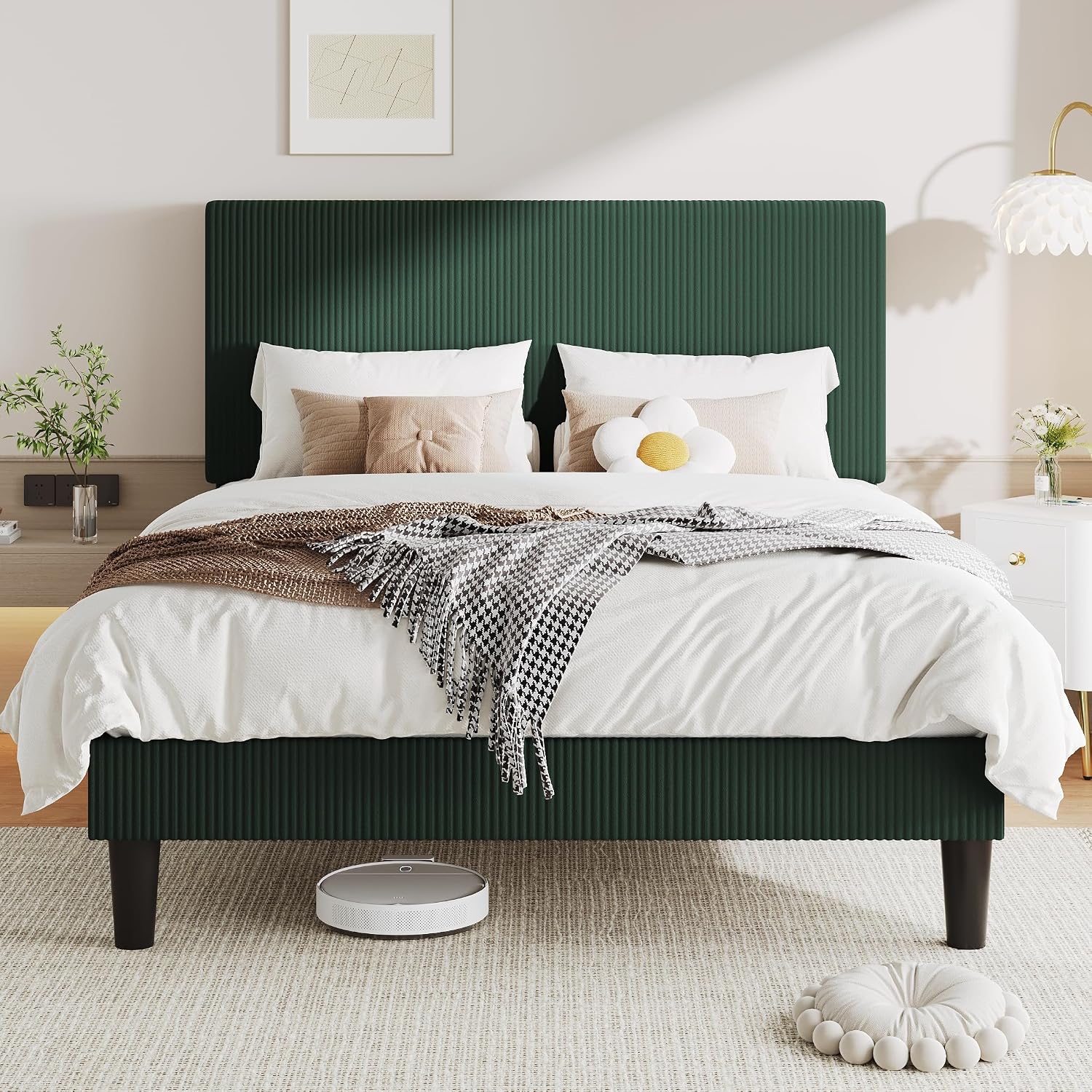 Allewie Full Size Upholstered Bed Frame with Vertical Channel Tufted Headboard, Soft Corduroy Fabric Platform Bed, Strong Wooden Slats Support, Easy Assembly, No Box Spring Needed, Dark Green