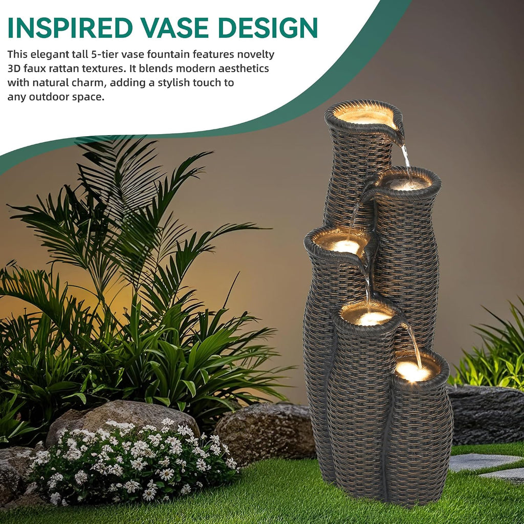 33' H Outdoor Water Fountain with LED Lights, Faux Rattan Vase Water Feature with 5-Tier Cascading Waterfall, Durable Polyresin Decor for Tranquil Oasis in Garden, Patio, Yard