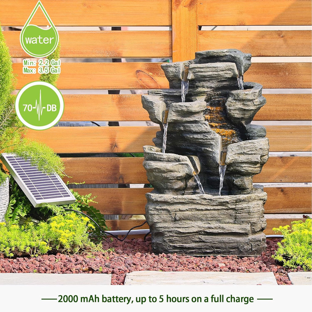 Bumilgar 6 Tier Cascading Rock Solar Water Fountain Outdoor Garden Waterfall Decor for Garden, Patio, Backyard, Deck, Porch and Home Art Decor,24.4' H Outdoor Fountain with LED Lights