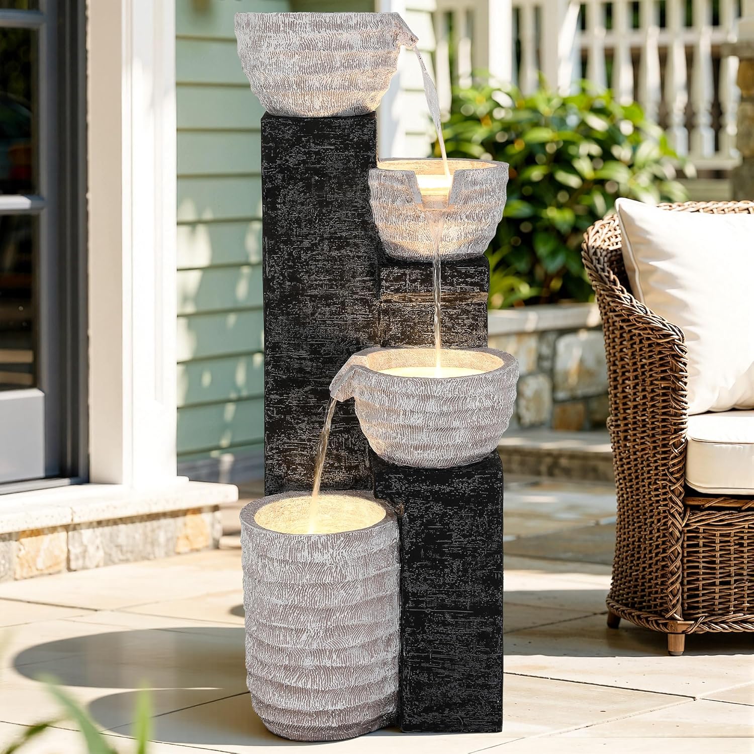 39.8' H Outdoor Water Fountain with LED Lights & Pump, Multilayer Cascading Polyresin Fountain, Sand-Textured Freestanding Garden Fountain for Tranquil Garden, Patio or Porch