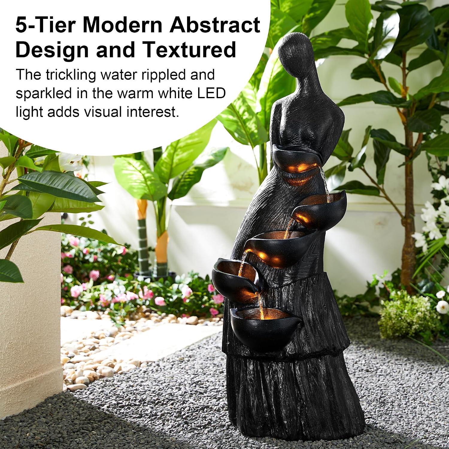 Glitzhome 39.75' H Modern Abstract Women Sculpture Outdoor Water Fountain, 5 Tier Woman Statue Waterfall Fountain with LED Lights and Pump for Porch Deck Garden Patio Backyard