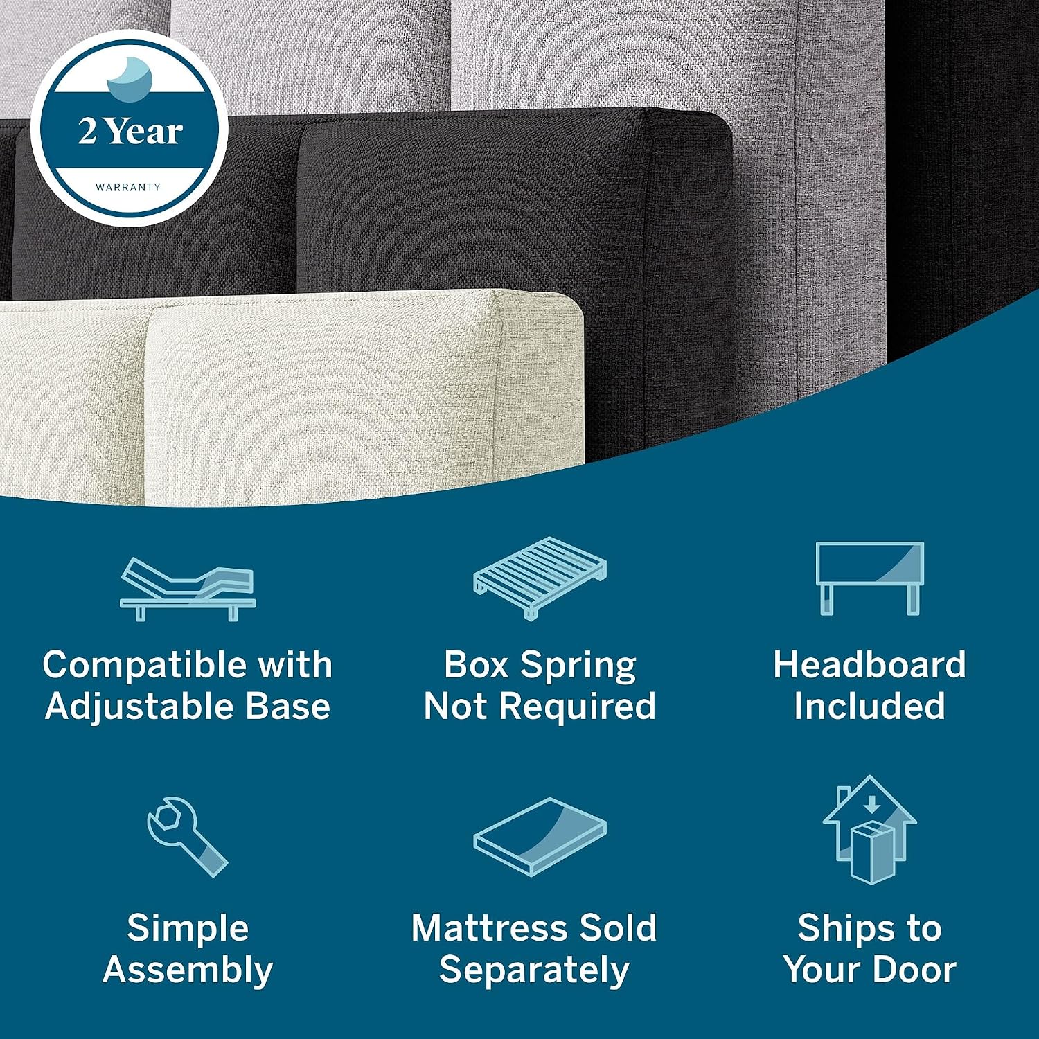 Lucid Queen Bedframe with Vertical Channeled Headboard — Upholstered Platform Bed — Easy Assembly — Queen Size — No Box Spring Needed — Pearl Color