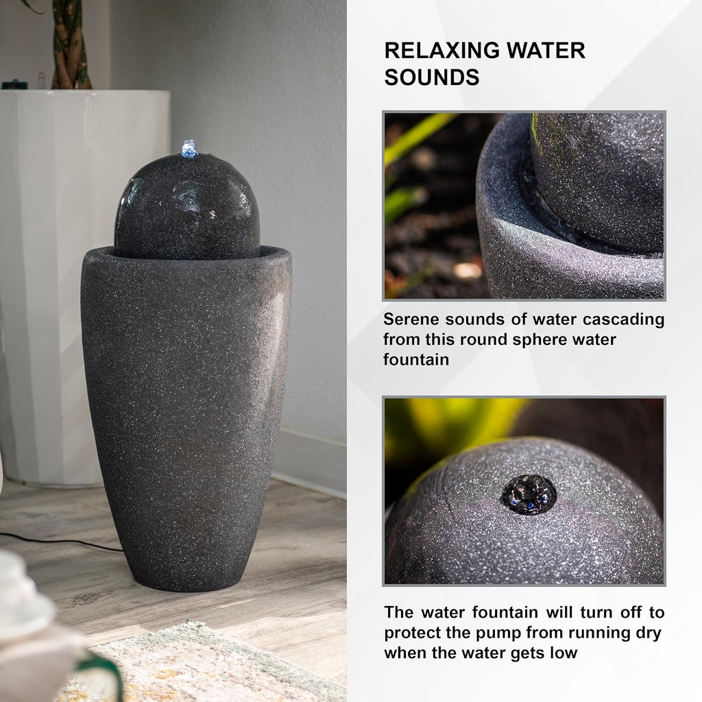 XBrand 26' Modern Sphere Water Fountain with LED Light – Indoor Outdoor Stone Texture Floor Fountain, Zen Bubbling Ball Water Feature for Garden Patio Porch - Gray