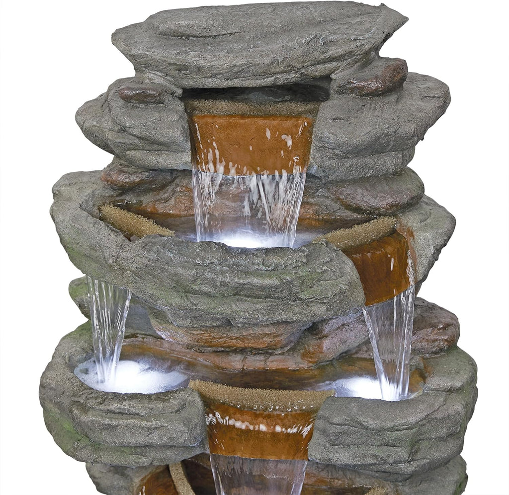 Alpine Corporation TZL352 Outdoor Floor Stone Tower Fountain with LED Lights, Multi-Level Garden Water Fountain, 47'H, Gray