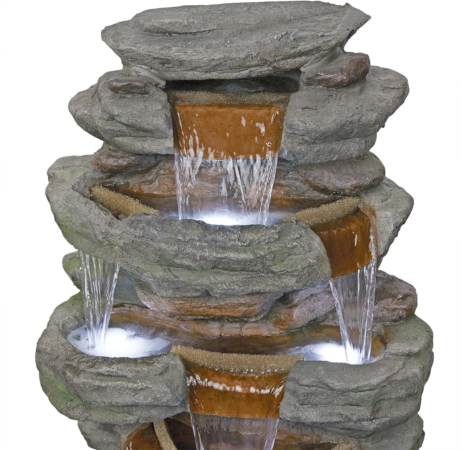 Alpine Corporation TZL352 Outdoor Floor Stone Tower Fountain with LED Lights, Multi-Level Garden Water Fountain, 47'H, Gray