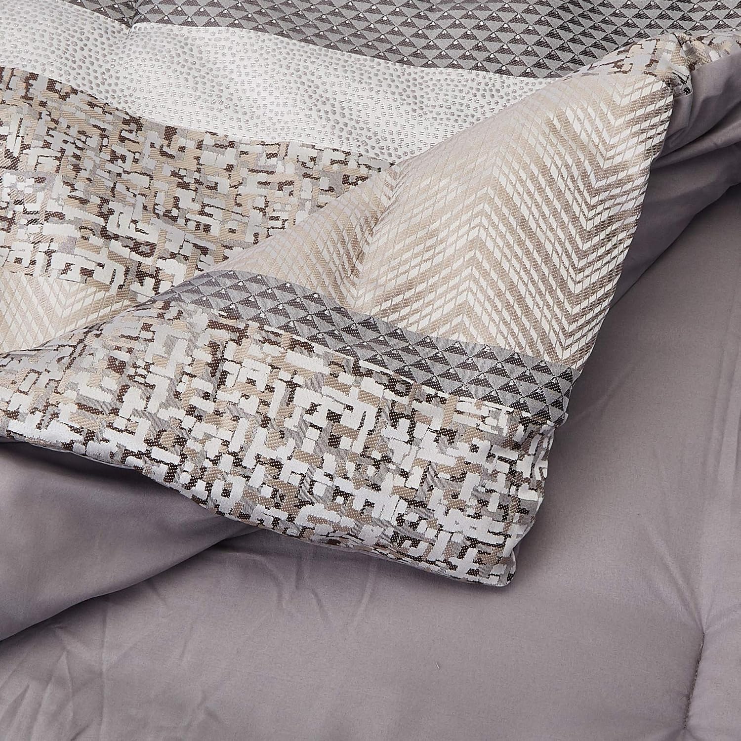 Madison Park Luxury Comforter Set-Traditional Jacquard Design All Season Down Alternative Bedding, Matching Bedskirt, Decorative Pillows, King(104'x92'), Rhapsody, Striped Grey/Taupe 7 Piece