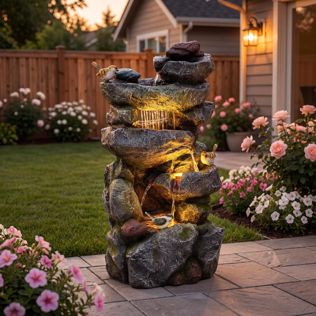31.5' H Multi-Tier Rock Outdoor Water Fountain with LED Lights and Pump, Garden Fountain Waterfall for Patio, Porch, or Yard