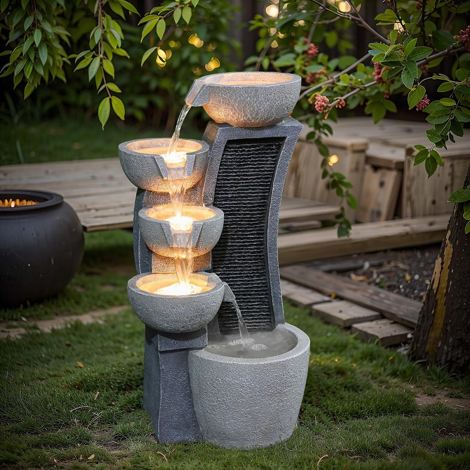 LuxenHome Water Fountain Outdoor, 26 Inch Resin Cascading Bowl Water Fountains Indoor with LED Lights, Modern Garden Decor, Small Waterfall Fountain, Outdoor Fountains and Waterfalls Garden Decor