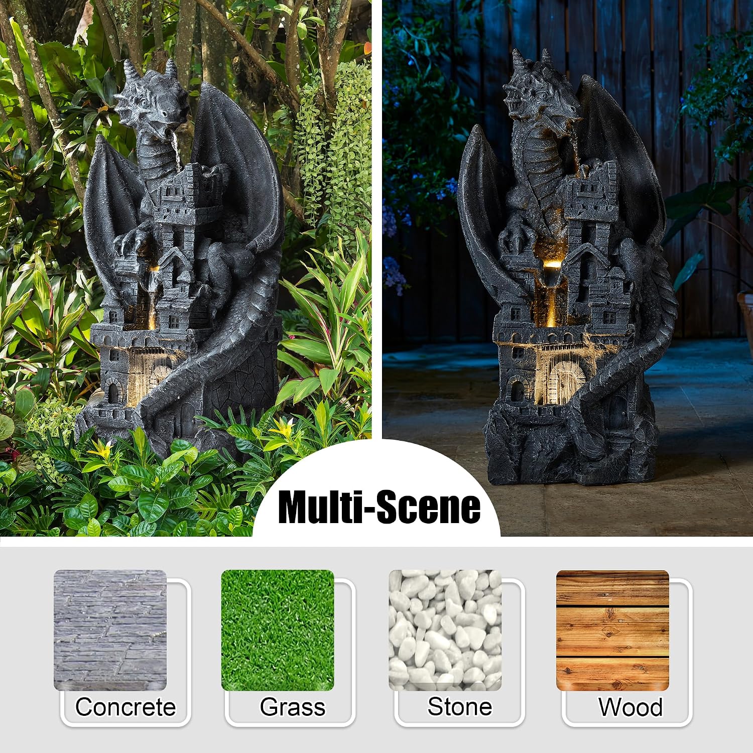 Glitzhome 37'H 4 Tiers Resin Waterfalls Water Fountain, Mystical Gothic Dragon Perched Atop The Castle Sculptural with Pump & LED Light Indoor Outdoor Floor Fountain for Garden Patio Backyard Decking