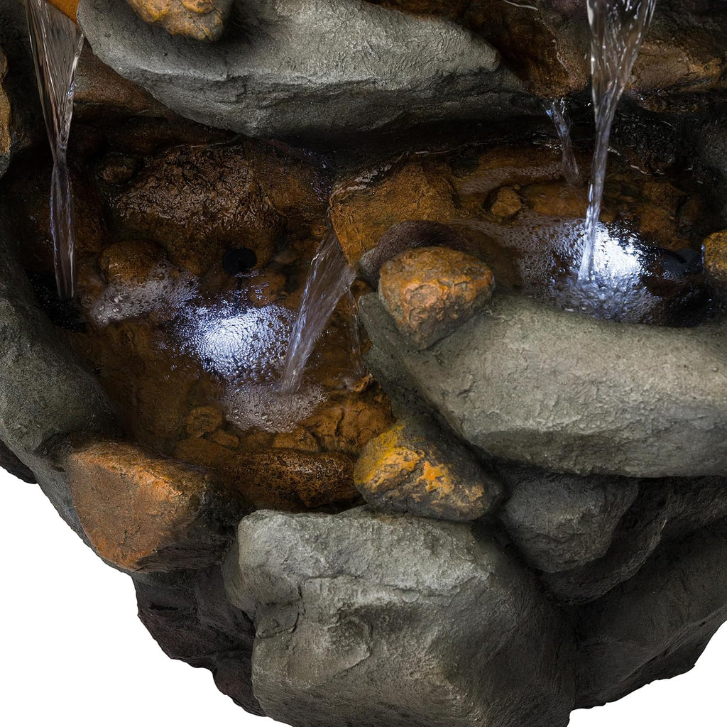 Alpine Corporation TZL130 Outdoor Floor 8-Tiered Rock Waterfall Fountain with LED Lights and Natural Stone Look, 50', Gray