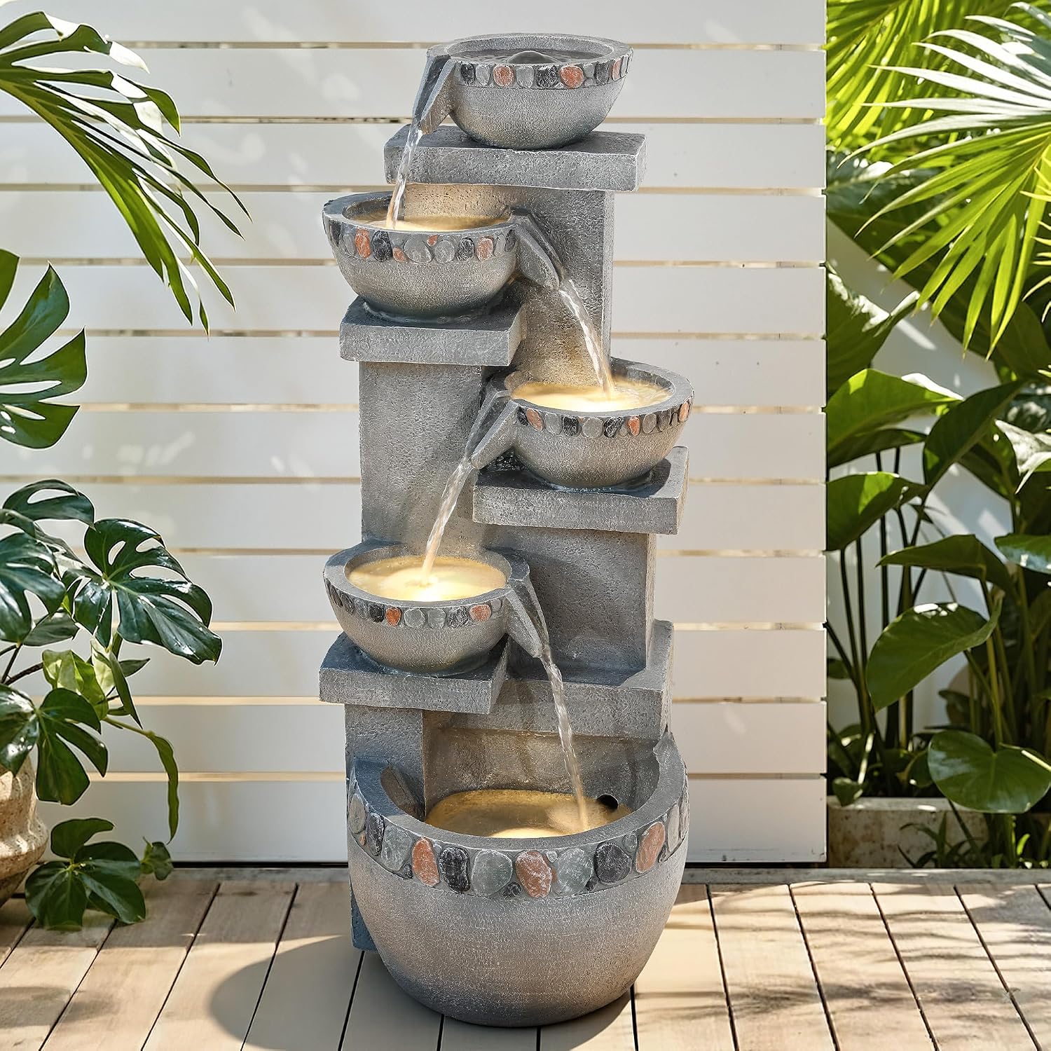 33' H 4-Tier Fountain Outdoor, Modern Resin Pebble Tabletop Water Feature Outdoor with LED Lights, Soothing Cascading Waterfall for Patio, Backyard, Garden or Porch