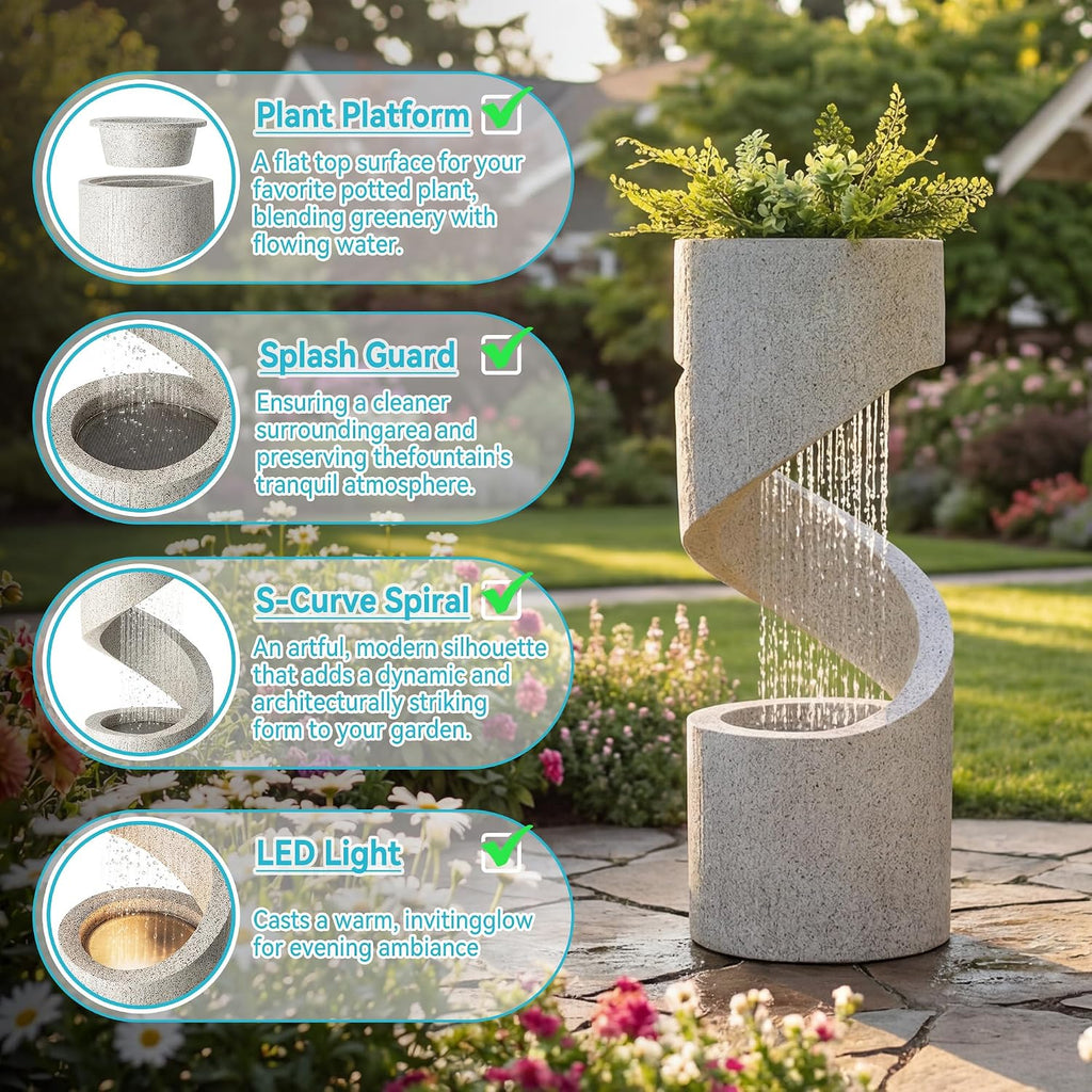 Glitzhome Outdoor Water Fountain with LED Light, Decorative Tiered Curved Waterfall Fountain with Stone Planter, Faux Terrazzo Spiral Shaped Outdoor Fountains for Garden Deck Patio Porch, 31.25'H