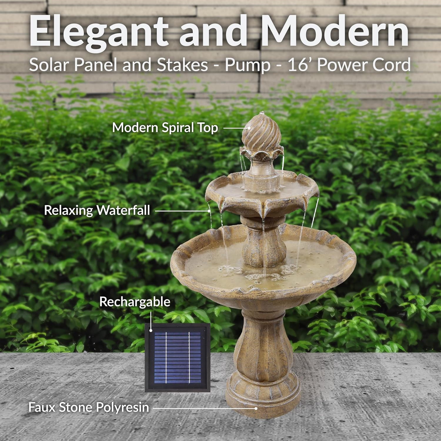 Sunnydaze 35' Solar 2-Tier Outdoor Water Fountain - Garden Water Feature with Battery Backup and Pump - Earth