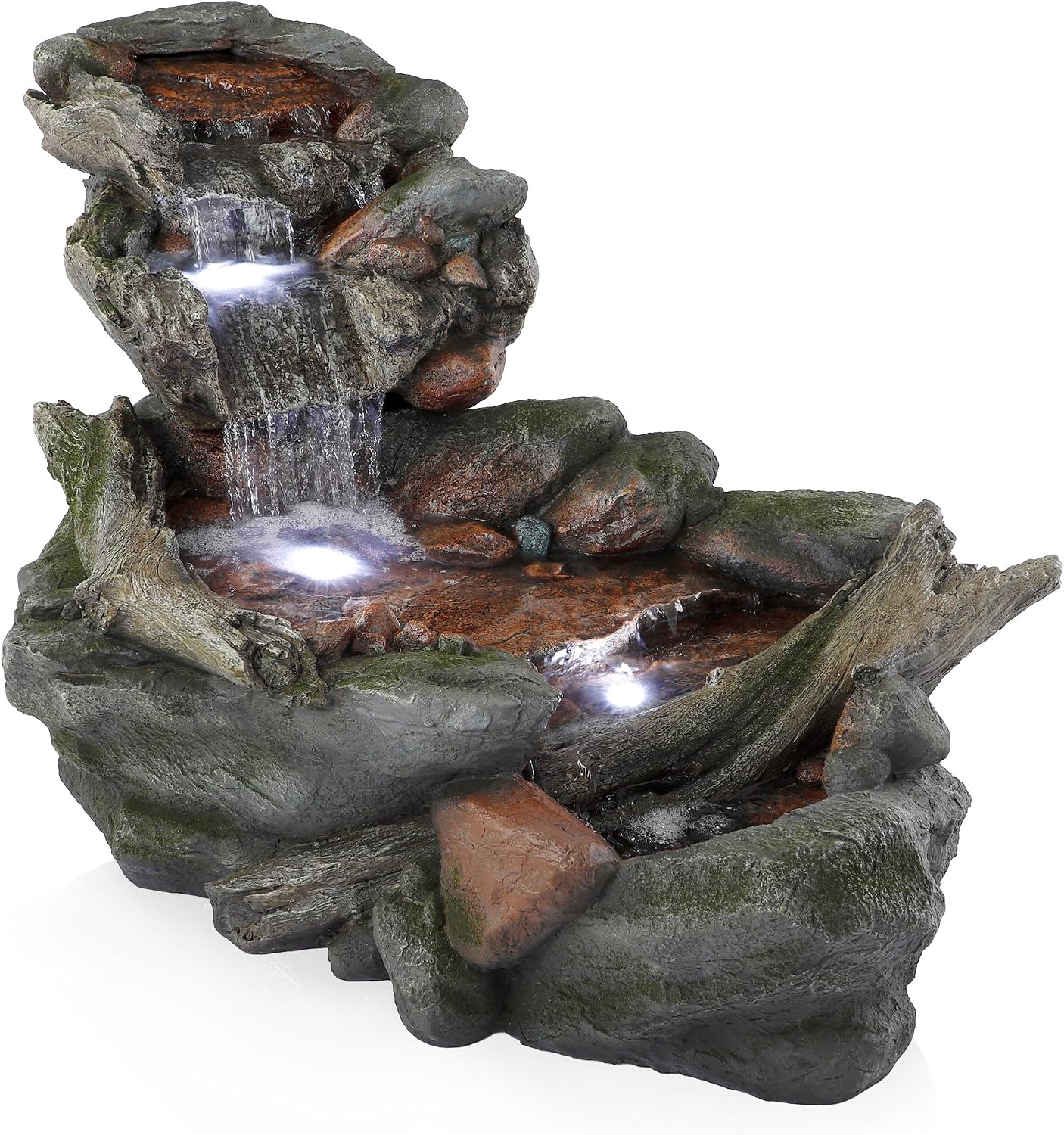 Alpine Corporation | 60'L Outdoor 3-Tier Rainforest Rock River Hand-Painted Water Fountain with LED Lights — Garden, Patio & Yard Décor