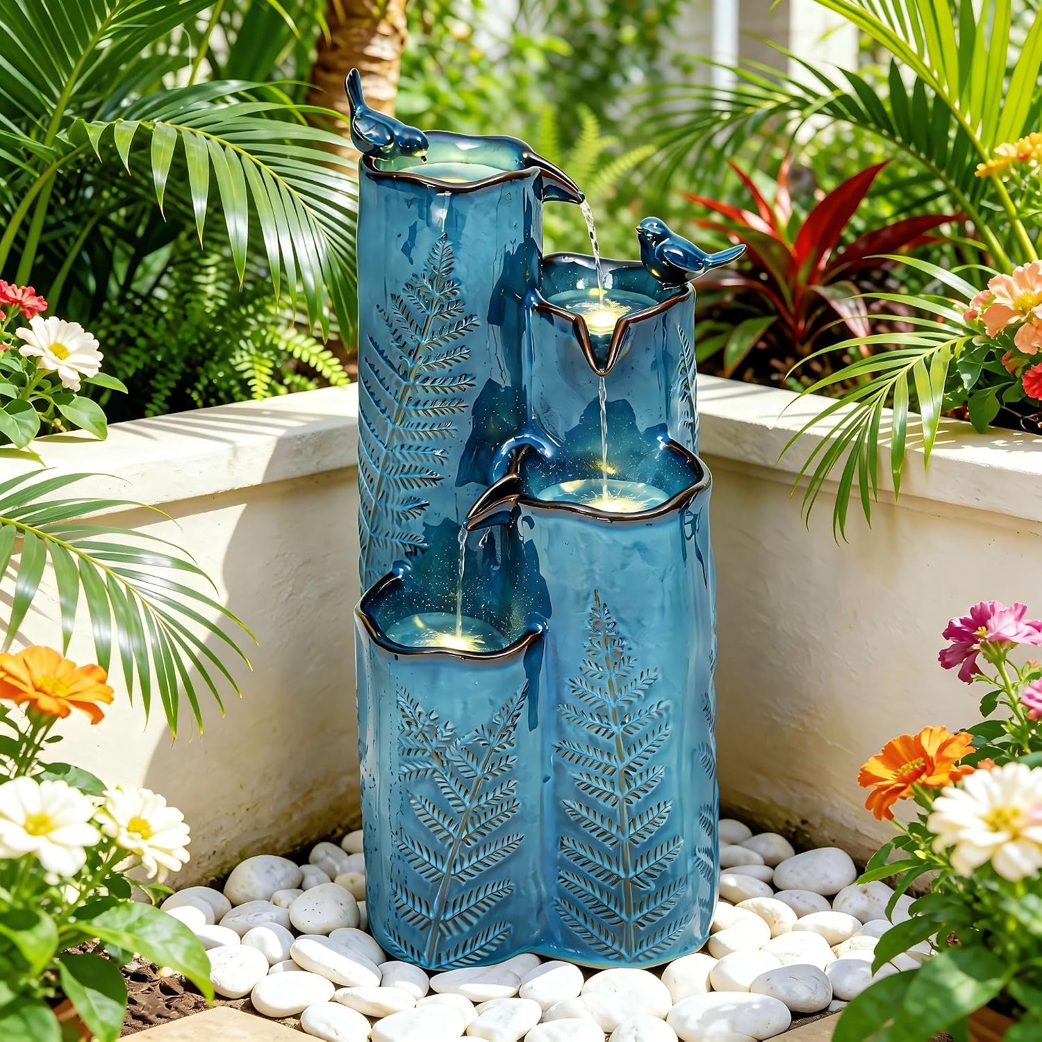 32' H Ceramic Outdoor Water Fountain, 4-Tier Tropical Cascading Waterfall with LED, Turquoise Glaze & Embossed Fern Pattern, Bird-Attracting Water Feature for Garden Patio Yard & Porch Decor