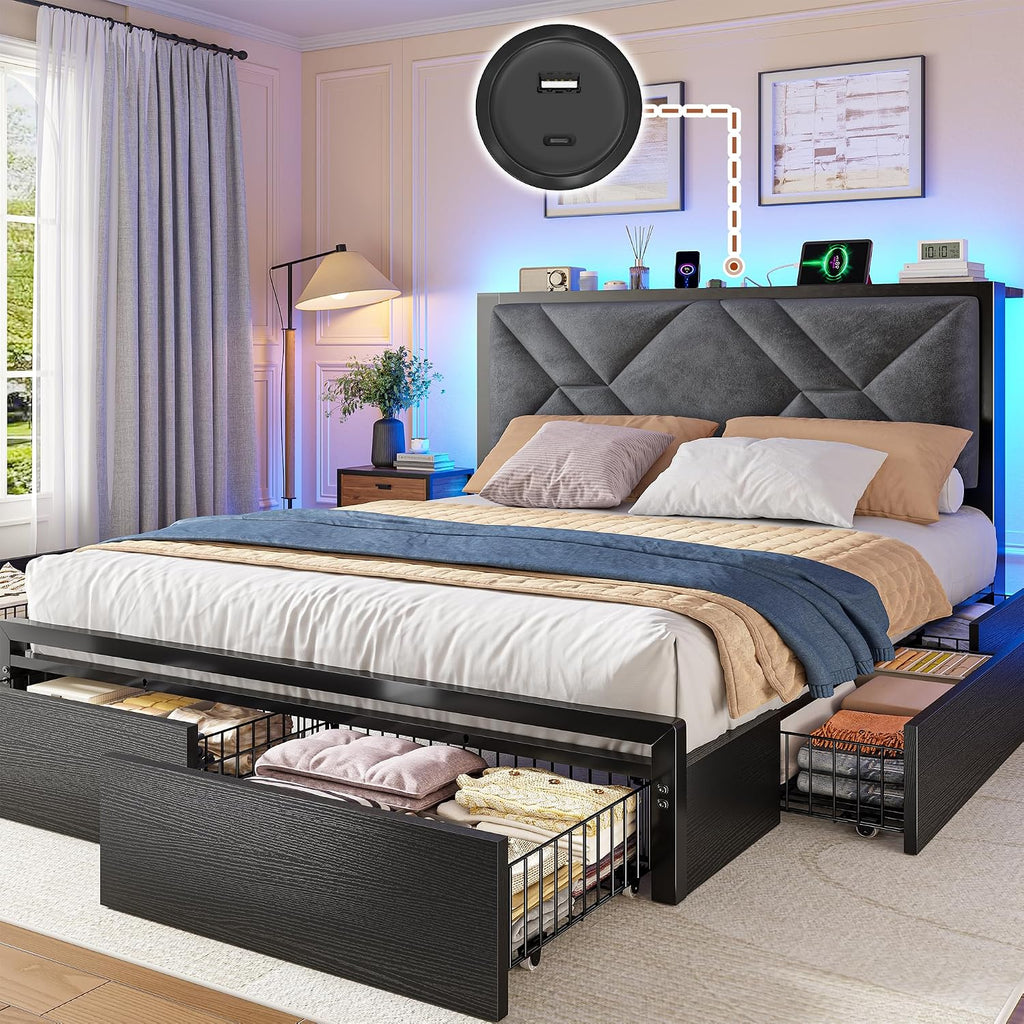EnHomee Full Size Bed Frame with 6 Storage Drawers and LED Lights,Metal Bed Frame with Upholstered Headboard and Charging Station,NO Noise,Easy Assembly, Black