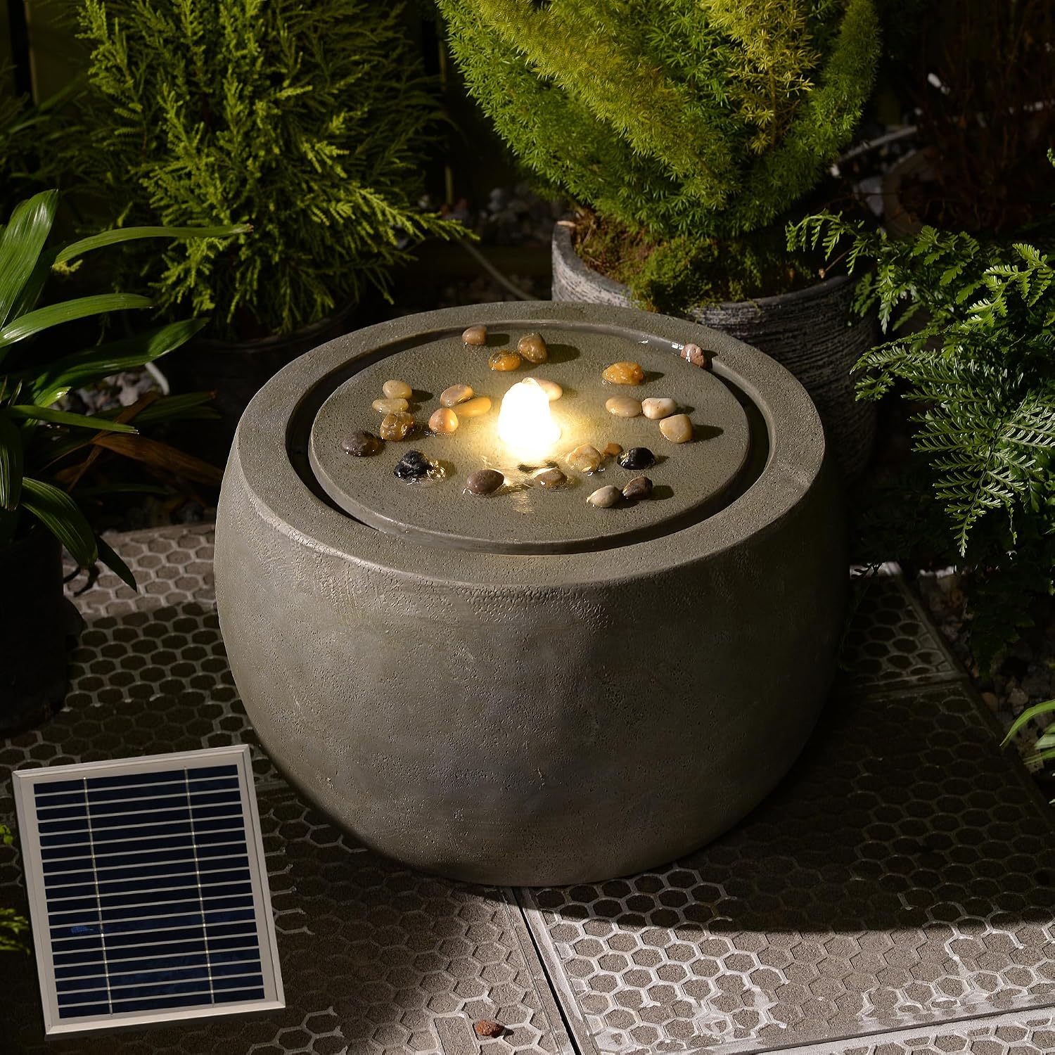 Tankana Solar Water Fountain Outdoor Garden Bubbler Water Feature Fountains Solar Powered with Pebbles for Patio Deck Yard Home Decor Gray, 18 'L x 18' W x 11.5' H